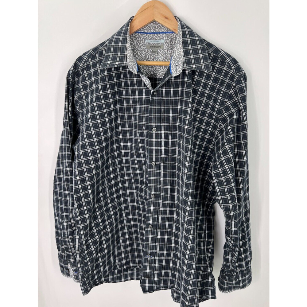 Johnston & Murphy Button-Down Dress Shirt Tailored Fit Blue Squares Men's Large